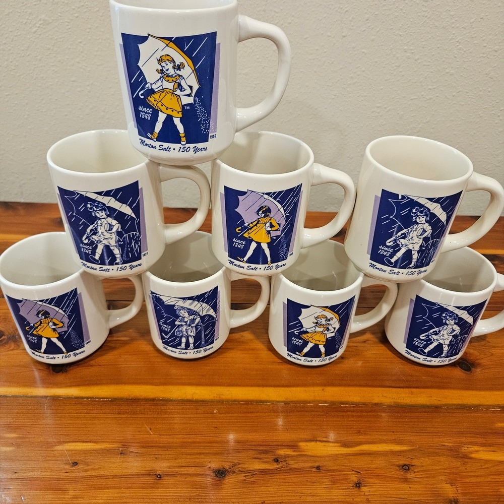 Vintage Morton Salt 150 Years Anniversary Coffee Mug Set of 8 Bryan China White